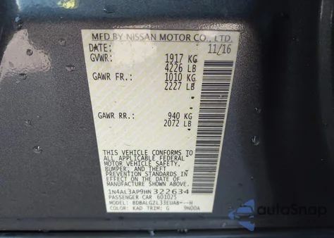 2017 Nissan Altima 2.5 S from USA, damaged, VIN 1N4AL3AP9HN322634